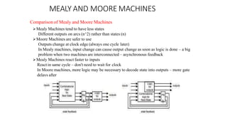 MEALY AND MOORE MACHINES
Comparison of Mealy and Moore Machines
Mealy Machines tend to have less states
Different outputs on arcs (n^2) rather than states (n)
Moore Machines are safer to use
Outputs change at clock edge (always one cycle later)
In Mealy machines, input change can cause output change as soon as logic is done – a big
problem when two machines are interconnected – asynchronous feedback
Mealy Machines react faster to inputs
React in same cycle – don't need to wait for clock
In Moore machines, more logic may be necessary to decode state into outputs – more gate
delays after
 