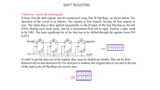 SHIFT REGISTERS
1.Serial in – serial out shift register
A basic four-bit shift register can be constructed using four D flip-flops, as shown below. The
operation of the circuit is as follows. The register is first cleared, forcing all four outputs to
zero. The input data is then applied sequentially to the D input of the first flip-flop on the left
(FF0). During each clock pulse, one bit is transmitted from left to right. Assume a data word
to be 1001. The least significant bit of the data has to be shifted through the register from FF0
to FF3.
In order to get the data out of the register, they must be shifted out serially. This can be done
destructively or non-destructively. For destructive readout, the original data is lost and at the end
of the read cycle, all flip-flops are reset to zero.
 