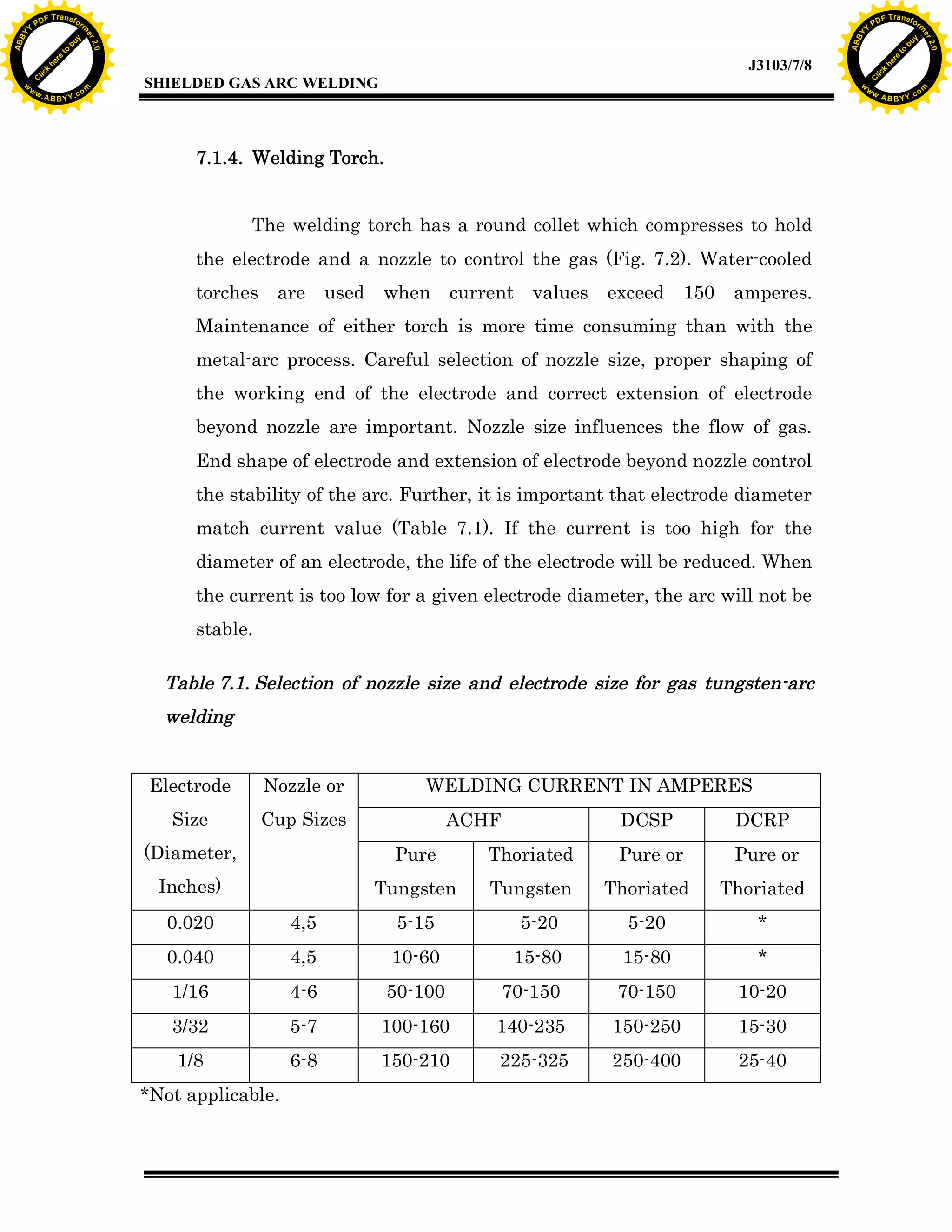 w.

A B B Y Y.c

Y

PD

F T ra n sf o

The welding torch has a round collet which compresses to hold
the electrode and a nozzle to control the gas (Fig. 7.2). Water-cooled
are

used

when

current

values

exceed

150

amperes.

Maintenance of either torch is more time consuming than with the
metal-arc process. Careful selection of nozzle size, proper shaping of
the working end of the electrode and correct extension of electrode
beyond nozzle are important. Nozzle size influences the flow of gas.
End shape of electrode and extension of electrode beyond nozzle control
the stability of the arc. Further, it is important that electrode diameter
match current value (Table 7.1). If the current is too high for the
diameter of an electrode, the life of the electrode will be reduced. When
the current is too low for a given electrode diameter, the arc will not be
stable.

Table 7.1. Selection of nozzle size and electrode size for gas tungsten-arc
welding
Electrode

Nozzle or

Size

WELDING CURRENT IN AMPERES

Cup Sizes

ACHF

DCSP

DCRP

(Diameter,

Pure

Thoriated

Pure or

Pure or

Inches)

Tungsten

Tungsten

Thoriated

Thoriated

0.020

4,5

5-15

5-20

5-20

*

0.040

4,5

10-60

15-80

15-80

*

1/16

4-6

50-100

70-150

70-150

10-20

3/32

5-7

100-160

140-235

150-250

15-30

1/8

6-8

150-210

225-325

250-400

25-40

*Not applicable.

bu
to
re
he
k
w

7.1.4. Welding Torch.

torches

lic
C

SHIELDED GAS ARC WELDING

rm

y

ABB

to
re
C

lic

k

he

J3103/7/8
om

w

w

w

Y

2.0

2.0

bu

y

rm

er

Y

F T ra n sf o

ABB

PD

er

Y

w.

A B B Y Y.c

om

 