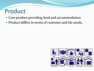 Product
 Core product providing food and accommodation
 Product differs in terms of customer and his needs.
 