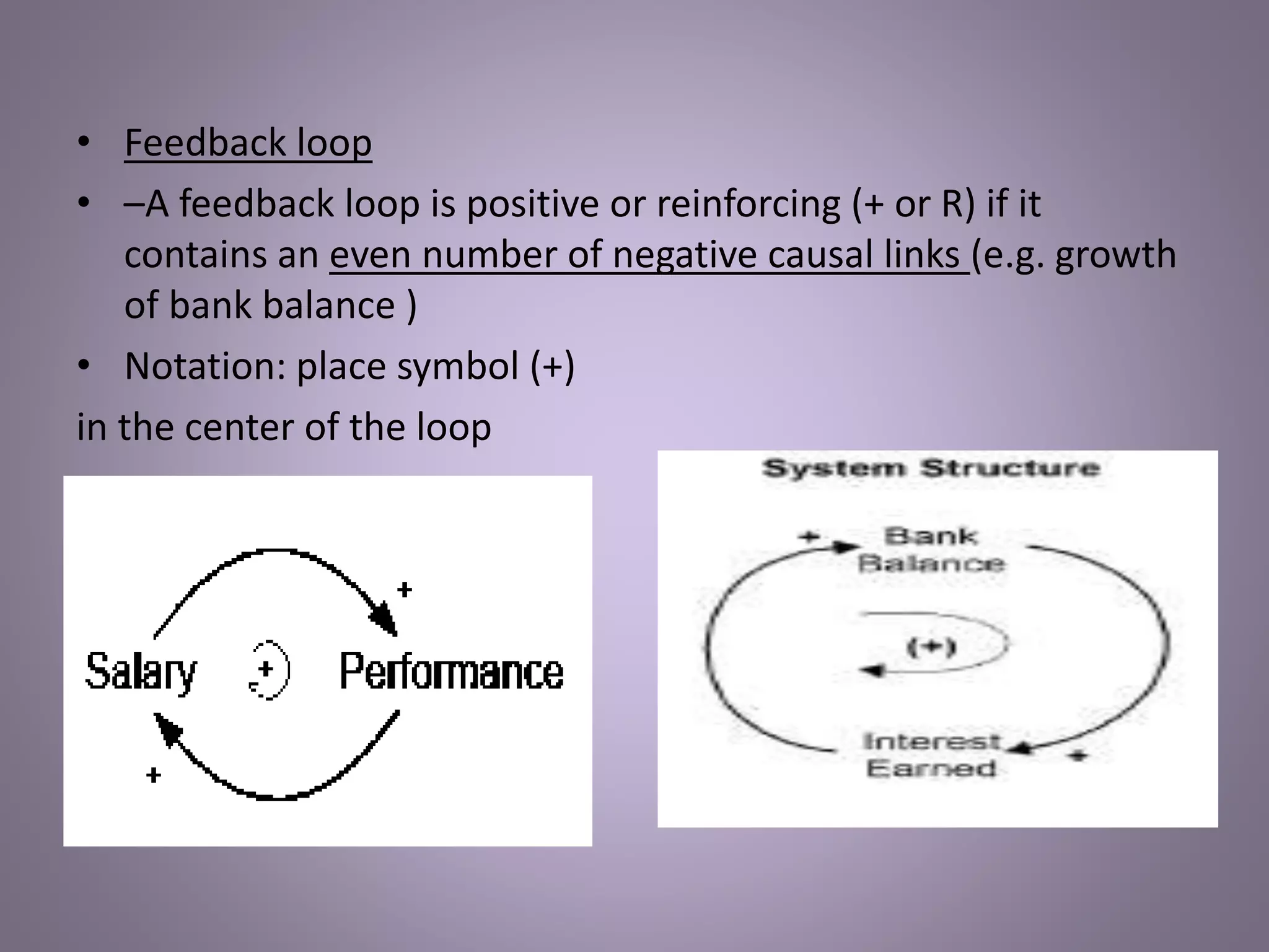 • Feedback loop
• –A feedback loop is positive or reinforcing (+ or R) if it
contains an even number of negative causal links (e.g. growth
of bank balance )
• Notation: place symbol (+)
in the center of the loop
 