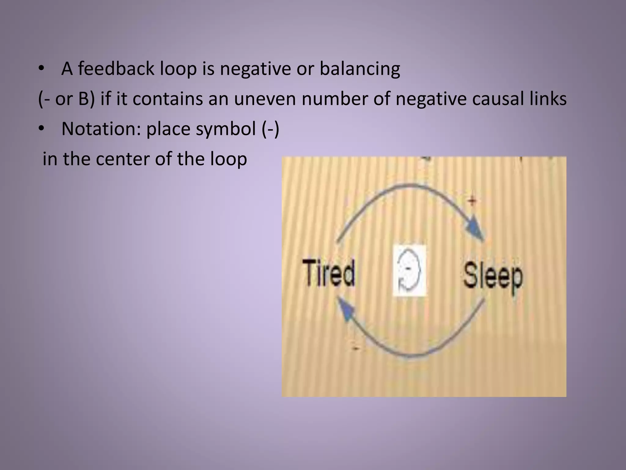 • A feedback loop is negative or balancing
(- or B) if it contains an uneven number of negative causal links
• Notation: place symbol (-)
in the center of the loop
 