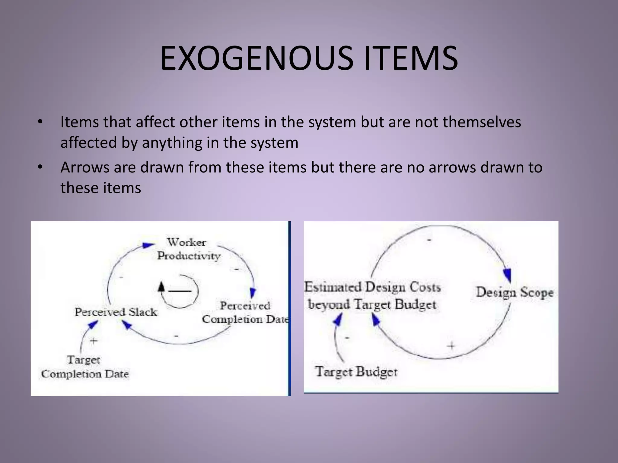 EXOGENOUS ITEMS
• Items that affect other items in the system but are not themselves
affected by anything in the system
• Arrows are drawn from these items but there are no arrows drawn to
these items
 