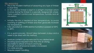 Kiln seasoning
• This is the modern method of seasoning any type of timber
in short time.
• In this method timber is kept in a airtight chamber which
involves drying the timber in a specially designed kiln where
there is perfect control over temperature, humidiy and air
circulation.
• Initially the kiln is heated at low temperature, to avoid
cracking or splitting of timber and then gradually increase
the temperature.
• Fully saturated air (100% relative humidity) is passed at 35°C
to 38°C.
• It is a quick process. Wood takes between 4 days and a
week to be dried with this method.
• Moisture content can be reduced to any desired level.
• Stacking space required is less than the air drying.
• Less liable to attack of insects and fungi.
• Strength and dimensional stability is increased.
• It is costly process.
• Requires expert handling.
 