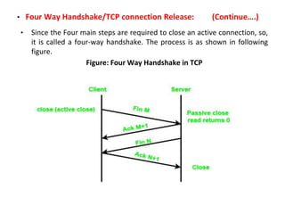 • Four Way Handshake/TCP connection Release: (Continue….)
• Since the Four main steps are required to close an active conn...