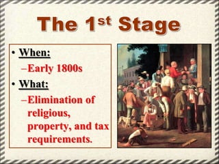 • When:
–Early 1800s
• What:
–Elimination of
religious,
property, and tax
requirements.

 