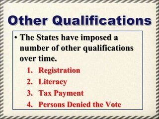 • The States have imposed a
number of other qualifications
over time.
1.
2.
3.
4.

Registration
Literacy
Tax Payment
Persons Denied the Vote

 