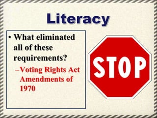 • What eliminated
all of these
requirements?
–Voting Rights Act
Amendments of
1970

 