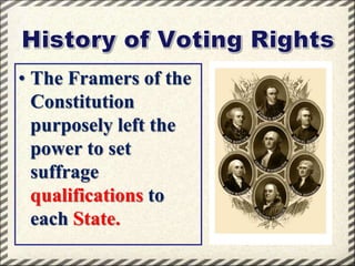 • The Framers of the
Constitution
purposely left the
power to set
suffrage
qualifications to
each State.

 
