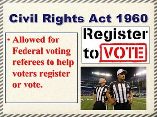• Allowed for
Federal voting
referees to help
voters register
or vote.

 