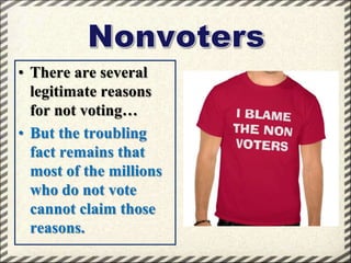 • There are several
legitimate reasons
for not voting…
• But the troubling
fact remains that
most of the millions
who do not vote
cannot claim those
reasons.

 