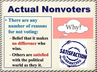 • There are any
number of reasons
for not voting:
– Belief that it makes
no difference who
wins.
– Others are satisfied
with the political
world as they it.

 