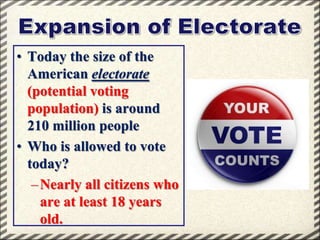 • Today the size of the
American electorate
(potential voting
population) is around
210 million people
• Who is allowed to vote
today?
– Nearly all citizens who
are at least 18 years
old.

 