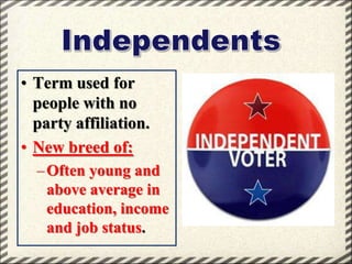 • Term used for
people with no
party affiliation.
• New breed of:
– Often young and
above average in
education, income
and job status.

 
