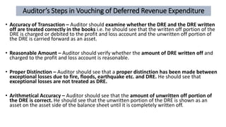 Auditor’s Steps in Vouching of Deferred Revenue Expenditure
• Accuracy of Transaction – Auditor should examine whether the DRE and the DRE written
off are treated correctly in the books i.e. he should see that the written off portion of the
DRE is charged or debited to the profit and loss account and the unwritten off portion of
the DRE is carried forward as an asset.
• Reasonable Amount – Auditor should verify whether the amount of DRE written off and
charged to the profit and loss account is reasonable.
• Proper Distinction – Auditor should see that a proper distinction has been made between
exceptional losses due to fire, floods, earthquake etc. and DRE. He should see that
exceptional losses are not treated as DRE.
• Arithmetical Accuracy – Auditor should see that the amount of unwritten off portion of
the DRE is correct. He should see that the unwritten portion of the DRE is shown as an
asset on the asset side of the balance sheet until it is completely written off.
 