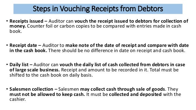 vouching of cash reciepts 1211 informal receiving process an informal receiving process is one in which you enter receipt information at the same time that you create a voucher. vouching of cash reciepts 1211 informal receiving process an informal receiving process is one in which you enter receipt information at the same time that you create a voucher.