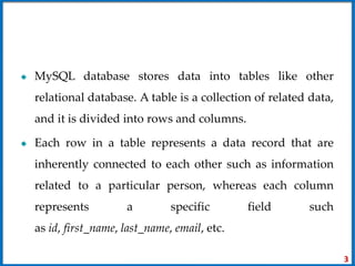 MySQL database stores data into tables like other
relational database. A table is a collection of related data,
and it is divided into rows and columns.
Each row in a table represents a data record that are
inherently connected to each other such as information
related to a particular person, whereas each column
represents a specific field such
as id, first_name, last_name, email, etc.
3
 