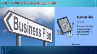 UNIT:4 WRITING BUSINESS PLAN
 
