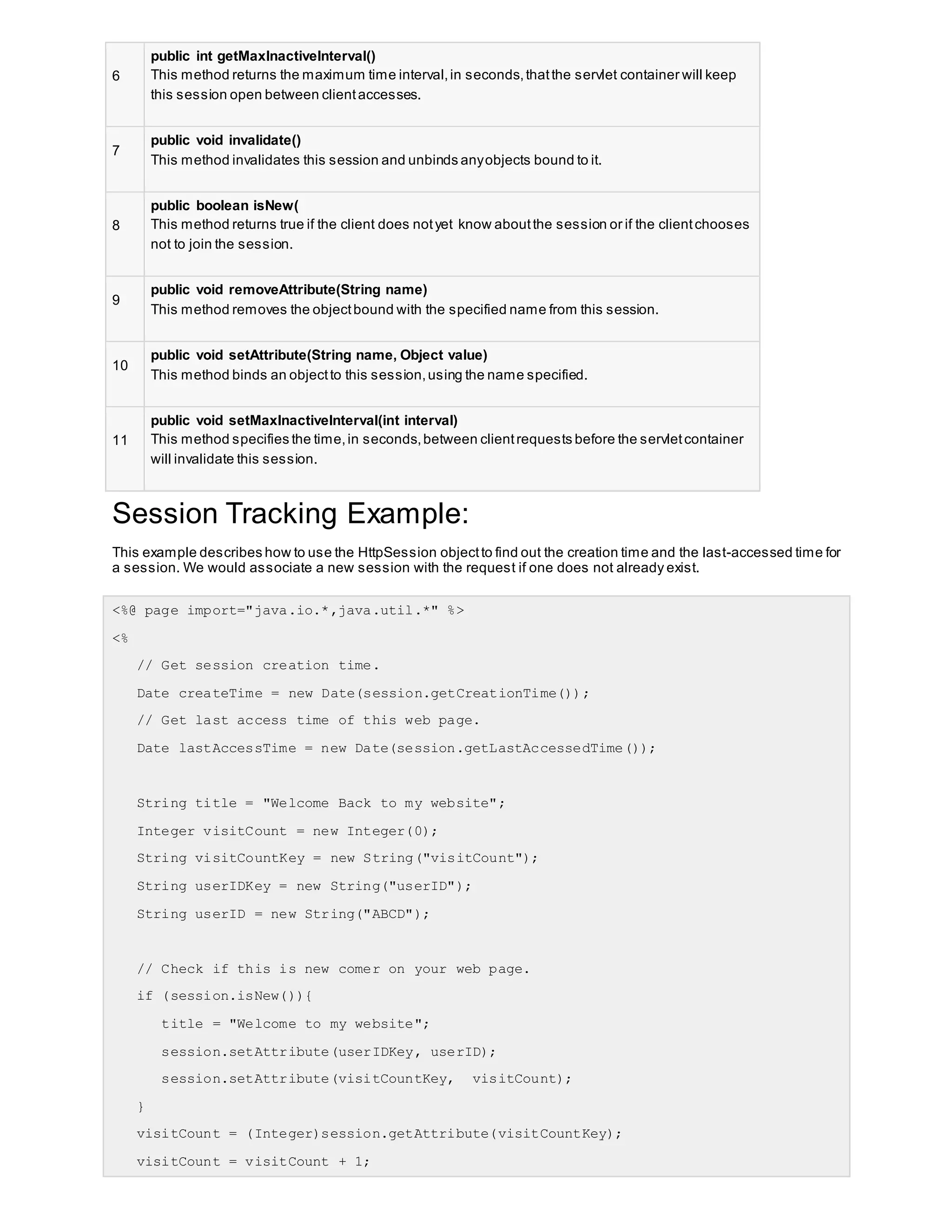 6
public int getMaxInactiveInterval()
This method returns the maximum time interval,in seconds,thatthe servlet container will keep
this session open between clientaccesses.
7
public void invalidate()
This method invalidates this session and unbinds anyobjects bound to it.
8
public boolean isNew(
This method returns true if the client does notyet know aboutthe session or if the clientchooses
not to join the session.
9
public void removeAttribute(String name)
This method removes the objectbound with the specified name from this session.
10
public void setAttribute(String name, Object value)
This method binds an objectto this session,using the name specified.
11
public void setMaxInactiveInterval(int interval)
This method specifies the time,in seconds,between clientrequests before the servletcontainer
will invalidate this session.
Session Tracking Example:
This example describes how to use the HttpSession objectto find out the creation time and the last-accessed time for
a session. We would associate a new session with the request if one does not already exist.
<%@ page import="java.io.*,java.util.*" %>
<%
// Get session creation time.
Date createTime = new Date(session.getCreationTime());
// Get last access time of this web page.
Date lastAccessTime = new Date(session.getLastAccessedTime());
String title = "Welcome Back to my website";
Integer visitCount = new Integer(0);
String visitCountKey = new String("visitCount");
String userIDKey = new String("userID");
String userID = new String("ABCD");
// Check if this is new comer on your web page.
if (session.isNew()){
title = "Welcome to my website";
session.setAttribute(userIDKey, userID);
session.setAttribute(visitCountKey, visitCount);
}
visitCount = (Integer)session.getAttribute(visitCountKey);
visitCount = visitCount + 1;
 