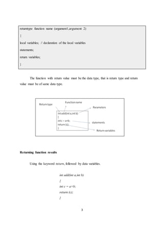 3
returntype function name (argument1,argument 2)
{
local variables; // declaration of the local variables
statements;
return variables;
}
The function with return value must be the data type, that is return type and return
value must be of same data type.
Returning function results
Using the keyword return, followed by data variables.
int add(int a,int b)
{
int c = a+b;
return (c);
}
 