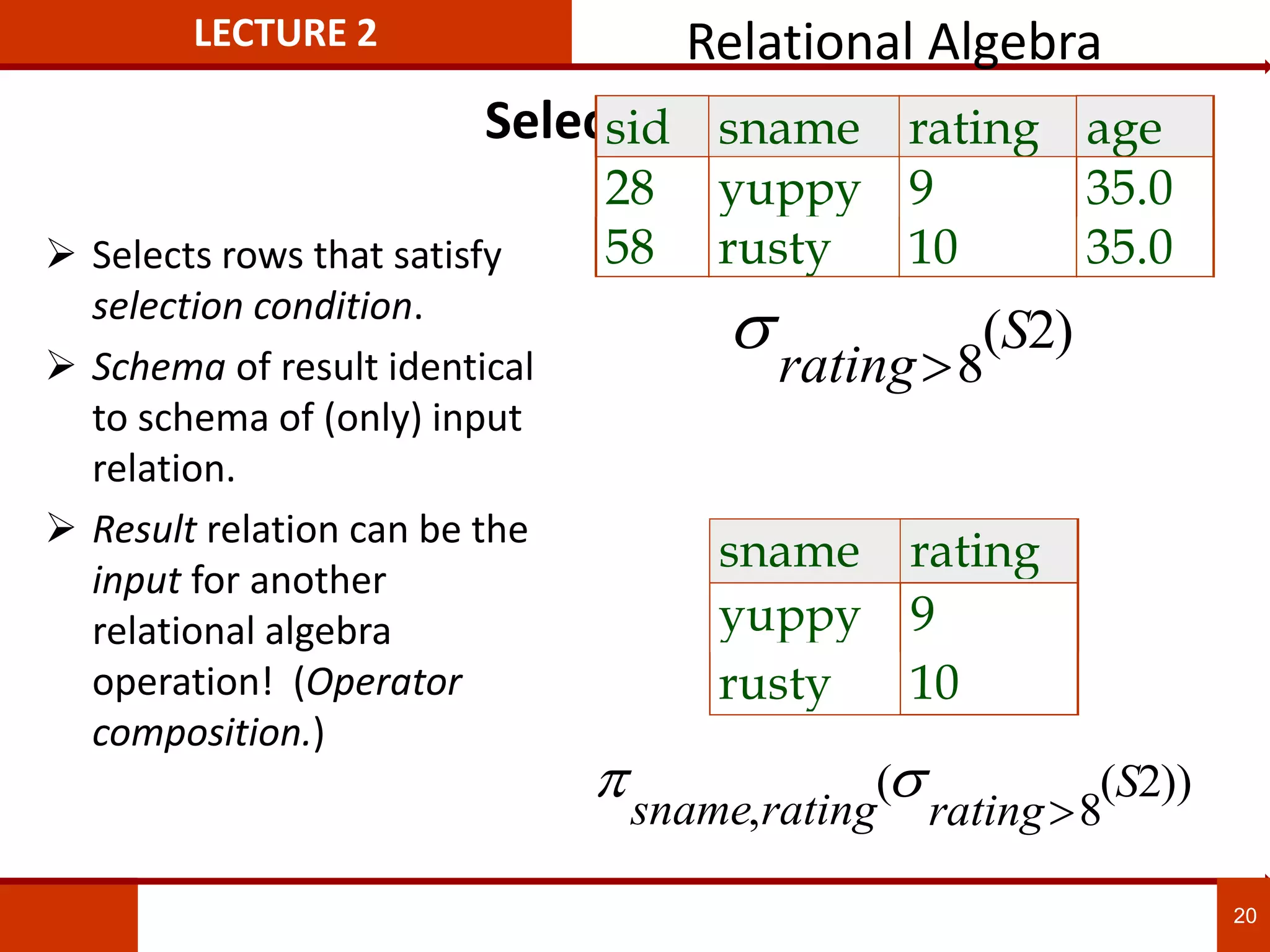 Selection
 Selects rows that satisfy
selection condition.
 Schema of result identical
to schema of (only) input
relation.
 Result relation can be the
input for another
relational algebra
operation! (Operator
composition.)
rating
S
8
2
( )
sid sname rating age
28 yuppy 9 35.0
58 rusty 10 35.0
sname rating
yuppy 9
rusty 10
 
sname rating rating
S
,
( ( ))
8
2
LECTURE 2 Relational Algebra
20
 