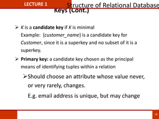 Keys (Cont.)
 K is a candidate key if K is minimal
Example: {customer_name} is a candidate key for
Customer, since it is a superkey and no subset of it is a
superkey.
 Primary key: a candidate key chosen as the principal
means of identifying tuples within a relation
Should choose an attribute whose value never,
or very rarely, changes.
E.g. email address is unique, but may change
LECTURE 1 Structure of Relational Database
15
 