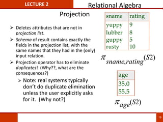 Projection
 Deletes attributes that are not in
projection list.
 Schema of result contains exactly the
fields in the projection list, with the
same names that they had in the (only)
input relation.
 Projection operator has to eliminate
duplicates! (Why??, what are the
consequences?)
 Note: real systems typically
don’t do duplicate elimination
unless the user explicitly asks
for it. (Why not?)
sname rating
yuppy 9
lubber 8
guppy 5
rusty 10
sname rating
S
,
( )
2
age
35.0
55.5
age S
( )
2
LECTURE 2 Relational Algebra
19
 