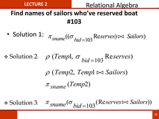 Find names of sailors who’ve reserved boat
#103
• Solution 1:  
sname bid
serves Sailors
(( Re ) )
103


 Solution 2:  
( , Re )
Temp serves
bid
1
103

 ( , )
Temp Temp Sailors
2 1 

 sname Temp
( )
2
 Solution 3:  
sname bid
serves Sailors
( (Re ))
103


LECTURE 2 Relational Algebra
28
 