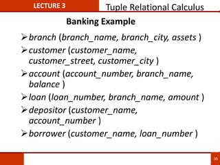Banking Example
branch (branch_name, branch_city, assets )
customer (customer_name,
customer_street, customer_city )
account (account_number, branch_name,
balance )
loan (loan_number, branch_name, amount )
depositor (customer_name,
account_number )
borrower (customer_name, loan_number )
LECTURE 3 Tuple Relational Calculus
35
 