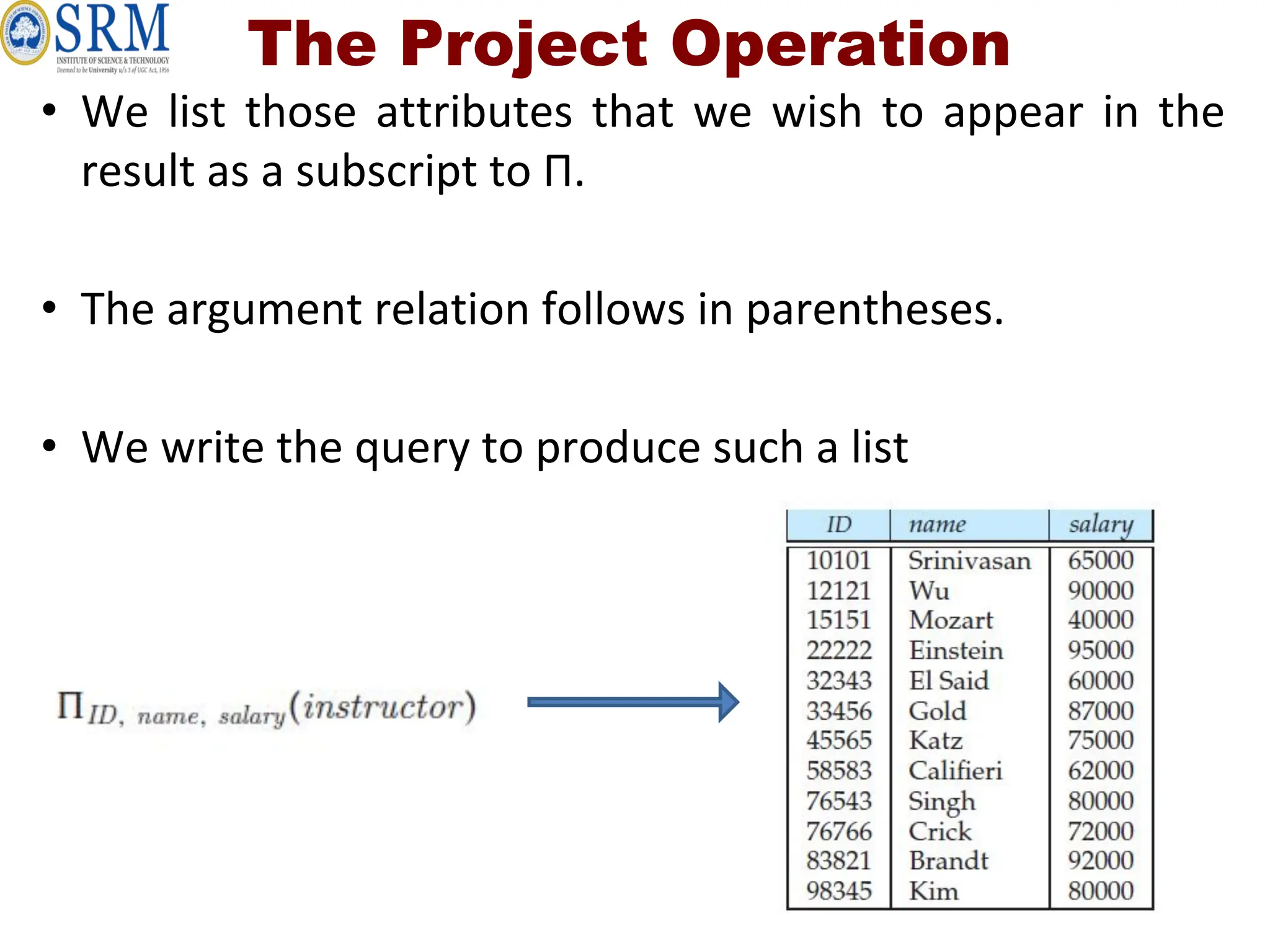 The Project Operation
• We list those attributes that we wish to appear in the
result as a subscript to Π.
• The argument relation follows in parentheses.
• We write the query to produce such a list
 