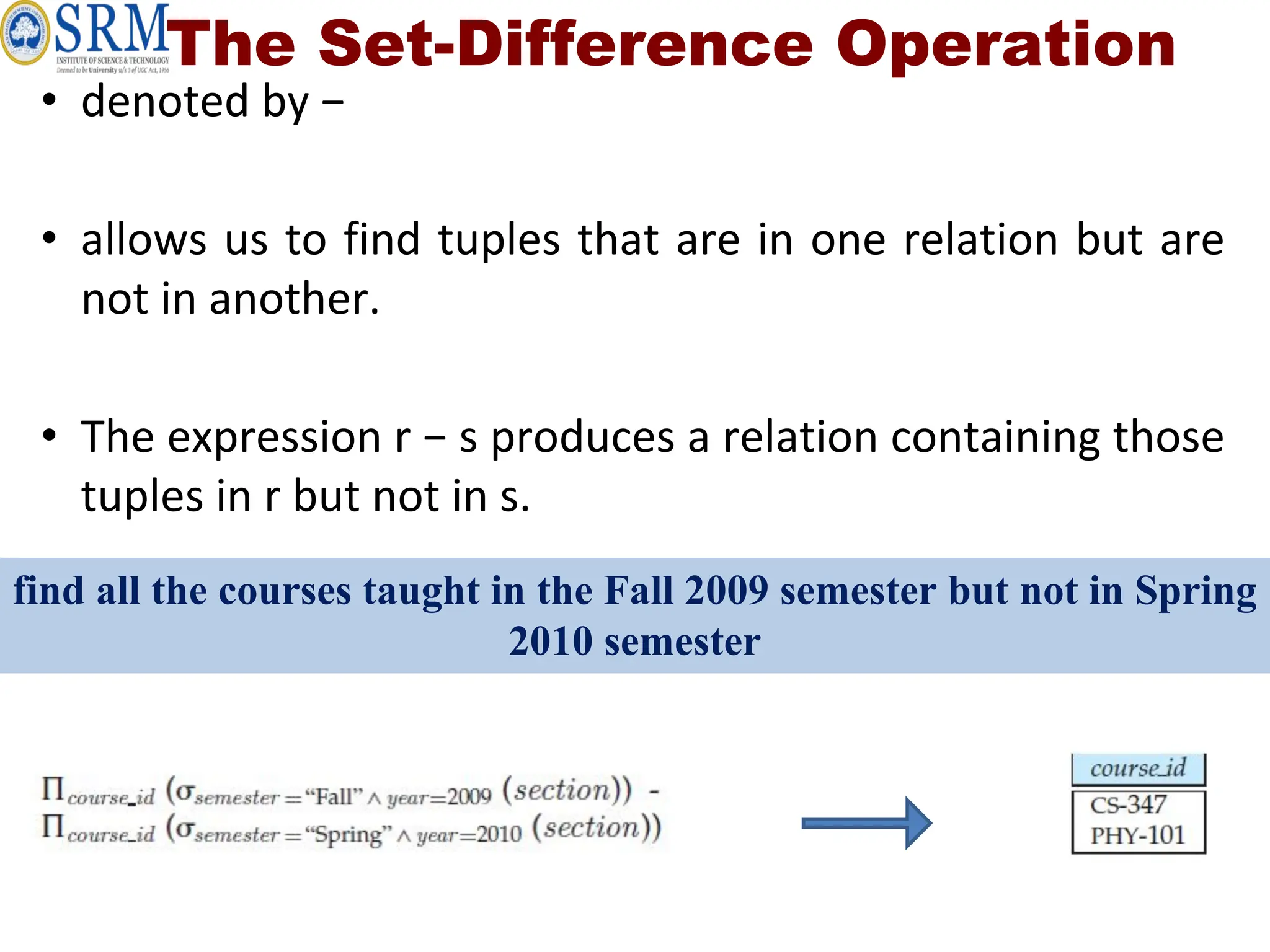 The Set-Difference Operation
• denoted by −
• allows us to find tuples that are in one relation but are
not in another.
• The expression r − s produces a relation containing those
tuples in r but not in s.
find all the courses taught in the Fall 2009 semester but not in Spring
2010 semester
 