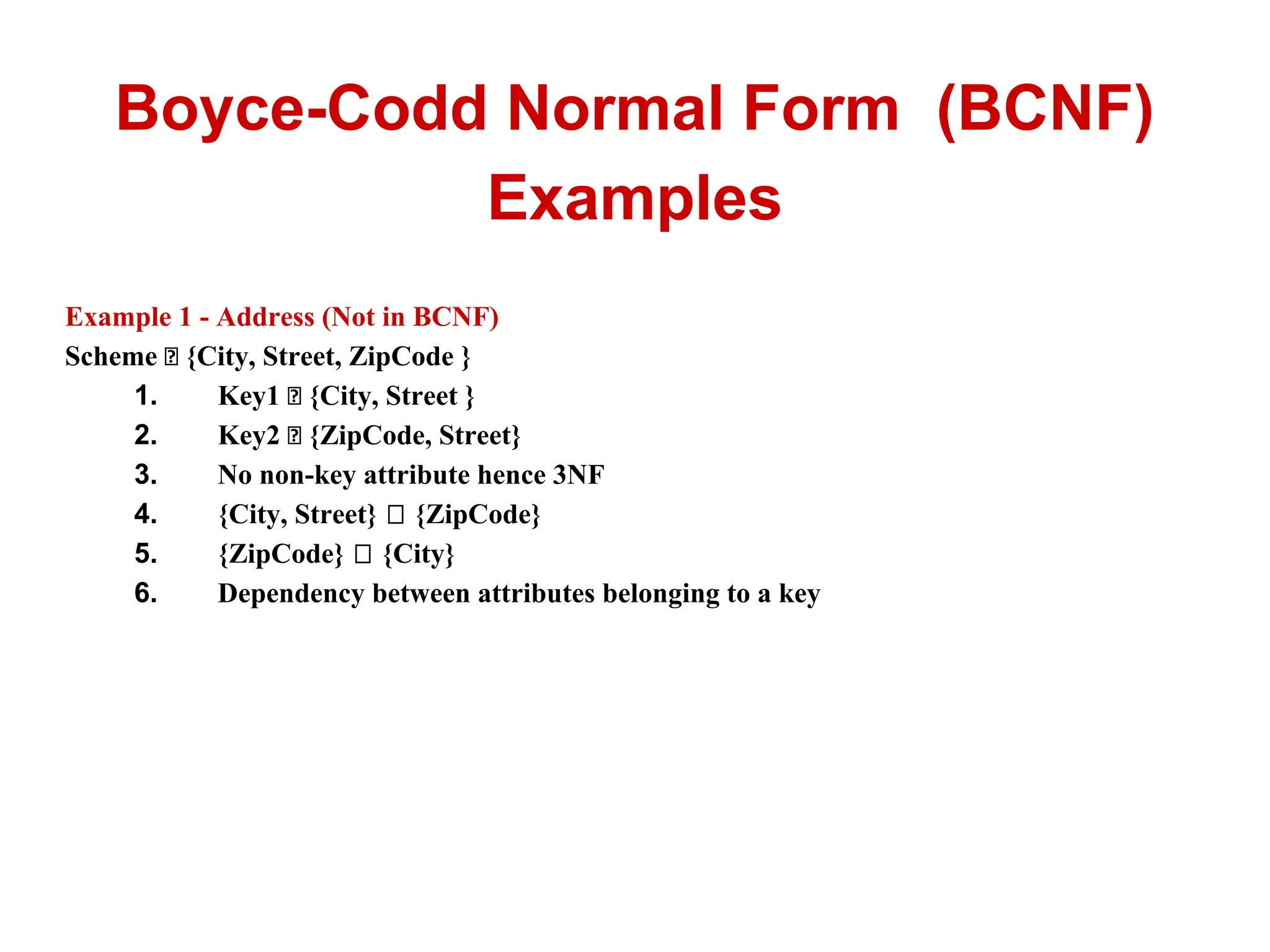 Example 1 - Address (Not in BCNF)
Scheme {City, Street, ZipCode }
1. Key1 {City, Street }
2. Key2 {ZipCode, Street}
3. No non-key attribute hence 3NF
4. {City, Street} {ZipCode}
5. {ZipCode} {City}
6. Dependency between attributes belonging to a key
Boyce-Codd Normal Form (BCNF)
Examples
 