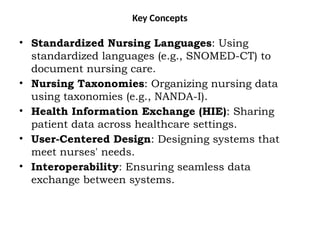 Key Concepts
• Standardized Nursing Languages: Using
standardized languages (e.g., SNOMED-CT) to
document nursing care.
• Nursing Taxonomies: Organizing nursing data
using taxonomies (e.g., NANDA-I).
• Health Information Exchange (HIE): Sharing
patient data across healthcare settings.
• User-Centered Design: Designing systems that
meet nurses' needs.
• Interoperability: Ensuring seamless data
exchange between systems.
 
