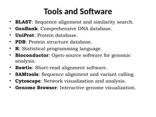 Tools and Software
• BLAST: Sequence alignment and similarity search.
• GenBank: Comprehensive DNA database.
• UniProt: Protein database.
• PDB: Protein structure database.
• R: Statistical programming language.
• Bioconductor: Open-source software for genomic
analysis.
• Bowtie: Short-read alignment software.
• SAMtools: Sequence alignment and variant calling.
• Cytoscape: Network visualization and analysis.
• Genome Browser: Interactive genome visualization.
 