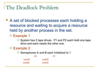 The Deadlock Problem
 A set of blocked processes each holding a
resource and waiting to acquire a resource
held by another process in the set.
 Example 1
 System has 2 tape drives. P1 and P2 each hold one tape
drive and each needs the other one.
 Example 2
 Semaphores A and B each initialized to 1
P0 P1
wait(A) wait(B)
wait(B) wait(A)
 