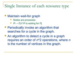 Single Instance of each resource type
 Maintain wait-for graph
 Nodes are processes
 Pi  Pj if Pi is waiting for Pj.
 Periodically invoke an algorithm that
searches for a cycle in the graph.
 An algorithm to detect a cycle in a graph
requires an order of n^2 operations, where n
is the number of vertices in the graph.
 