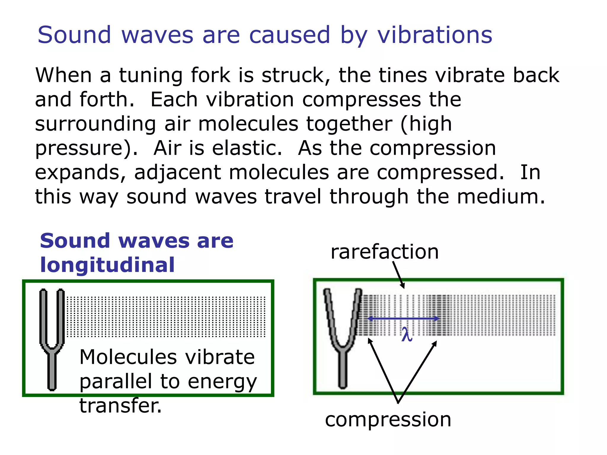 Sound waves are caused by vibrations 
When a tuning fork is struck, the tines vibrate back 
and forth. Each vibration compresses the 
surrounding air molecules together (high 
pressure). Air is elastic. As the compression 
expands, adjacent molecules are compressed. In 
this way sound waves travel through the medium. 
rarefaction 
l 
compression 
Sound waves are 
longitudinal 
Molecules vibrate 
parallel to energy 
transfer. 
 