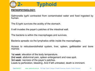 Date:6/8/2021 www. qadricohs.edu.pk FB Page: Qadri College of Health Sciences, Karachi, Sindh, Pakistan. 15
Date:6/8/2021 www. qadricohs.edu.pk FB Page: Qadri College of Health Sciences, Karachi, Sindh, Pakistan. 15
2- Typhoid
PATHOPHYSIOLOGY:
Salmonella typhi contracted from contaminated water and food Ingested by
human.
The S.typhi survives the acidity of the stomach.
It will invades the payer’s patches of the intestinal wall.
The bacteria is within the macrophages and survives.
Bacteria spreads via the lymphatics while inside the macrophages.
Access to reticuloendothelial system, liver, spleen, gallbladder and bone
marrow.
1st week: elevation of the body temperature.
2nd week: abdominal pain, spleen enlargement and rose spot.
3rd week: necrosis of the payer’s patches.
Leads to perforation, bleeding .And if left untreated, death is imminent.
 