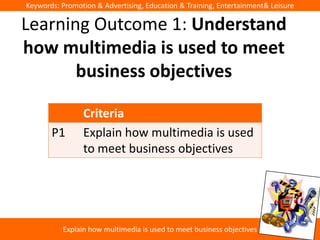 Keywords: Promotion & Advertising, Education & Training, Entertainment& Leisure

Learning Outcome 1: Understand
how multimedia is used to meet
       business objectives

                Criteria
       P1       Explain how multimedia is used
                to meet business objectives




          Explain how multimedia is used to meet business objectives
 