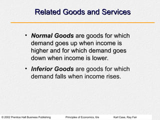 © 2002 Prentice Hall Business Publishing Principles of Economics, 6/e Karl Case, Ray Fair
Related Goods and Services
Related Goods and Services
• Normal Goods
Normal Goods are goods for which
are goods for which
demand goes up when income is
demand goes up when income is
higher and for which demand goes
higher and for which demand goes
down when income is lower.
down when income is lower.
• Inferior Goods are goods for which
demand falls when income rises.
 