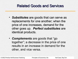 © 2002 Prentice Hall Business Publishing Principles of Economics, 6/e Karl Case, Ray Fair
Related Goods and Services
Related Goods and Services
• Substitutes
Substitutes are goods that can serve as
are goods that can serve as
replacements for one another; when the
replacements for one another; when the
price of one increases, demand for the
price of one increases, demand for the
other goes up.
other goes up. Perfect substitutes
Perfect substitutes are
are
identical products.
identical products.
• Complements are goods that “go
together”; a decrease in the price of one
results in an increase in demand for the
other, and vice versa.
 