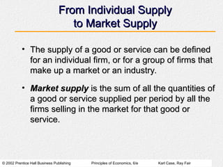 © 2002 Prentice Hall Business Publishing Principles of Economics, 6/e Karl Case, Ray Fair
From Individual Supply
From Individual Supply
to Market Supply
to Market Supply
• The supply of a good or service can be defined
The supply of a good or service can be defined
for an individual firm, or for a group of firms that
for an individual firm, or for a group of firms that
make up a market or an industry.
make up a market or an industry.
• Market supply
Market supply is the sum of all the quantities of
is the sum of all the quantities of
a good or service supplied per period by all the
a good or service supplied per period by all the
firms selling in the market for that good or
firms selling in the market for that good or
service.
service.
 