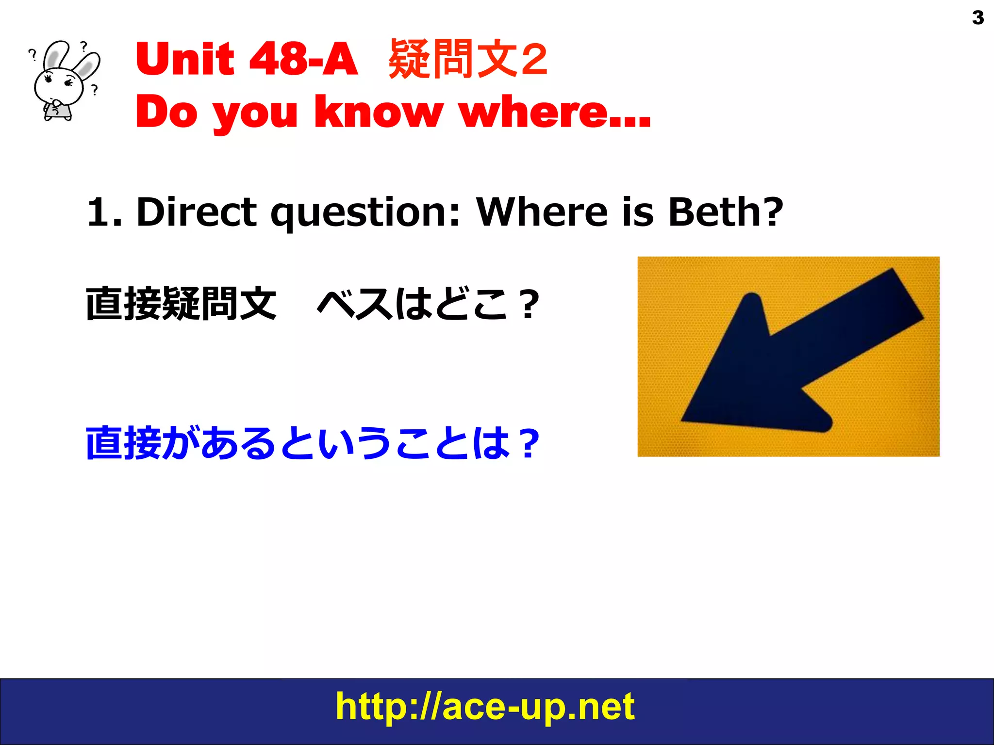 Unit 48-A 疑問文２　
Do you know where…
1.  Direct  question:  Where  is  Beth?
直接疑問⽂文 　ベスはどこ？
直接があるということは？

http://ace-up.net

3

 