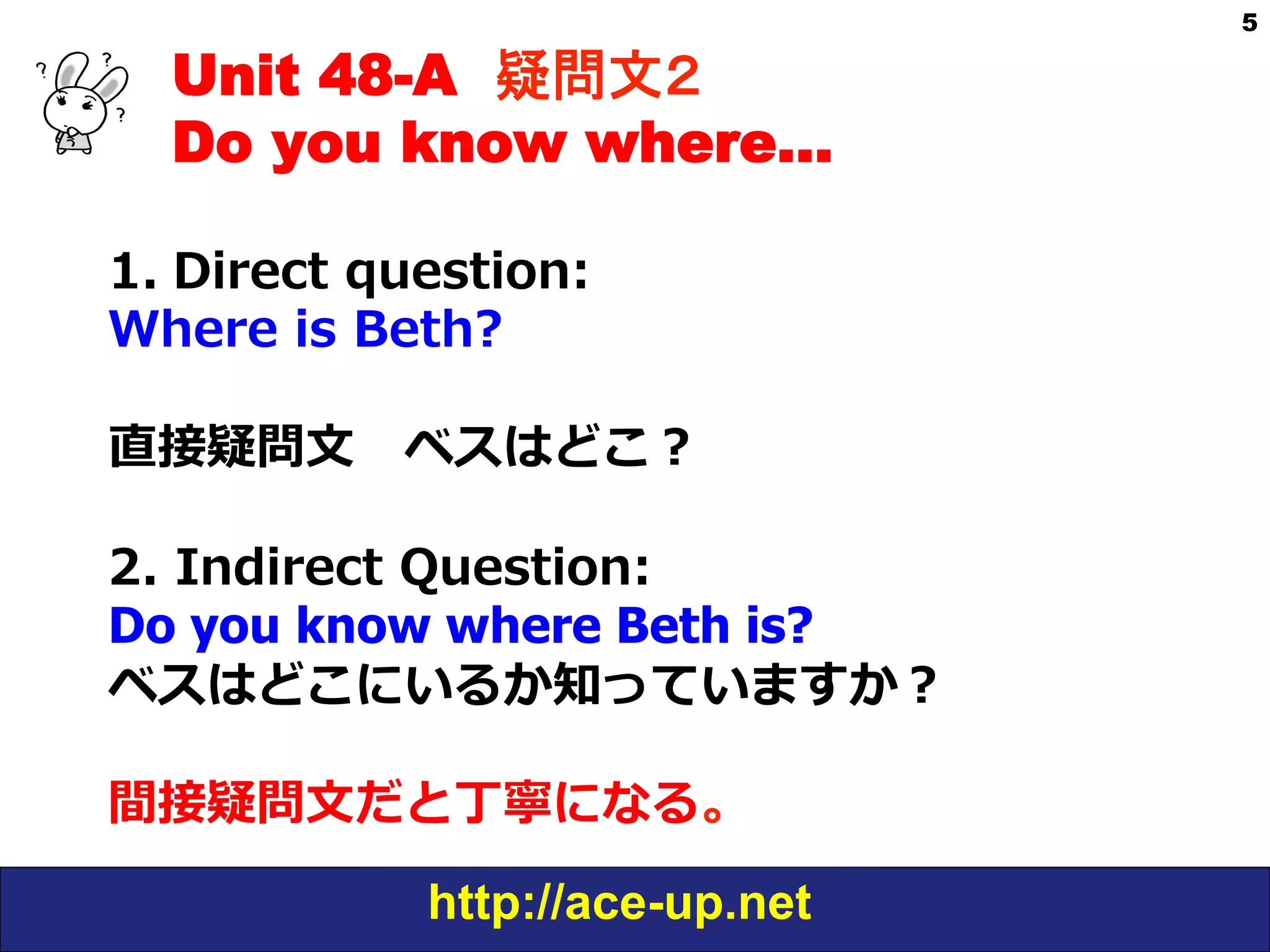 Unit 48-A 疑問文２　
Do you know where…
1.  Direct  question:  
Where  is  Beth?
直接疑問⽂文 　ベスはどこ？
2.  Indirect  Question:    
Do you know where Beth is?
ベスはどこにいるか知っていますか？
間接疑問⽂文だと丁寧になる。  
http://ace-up.net

5

 