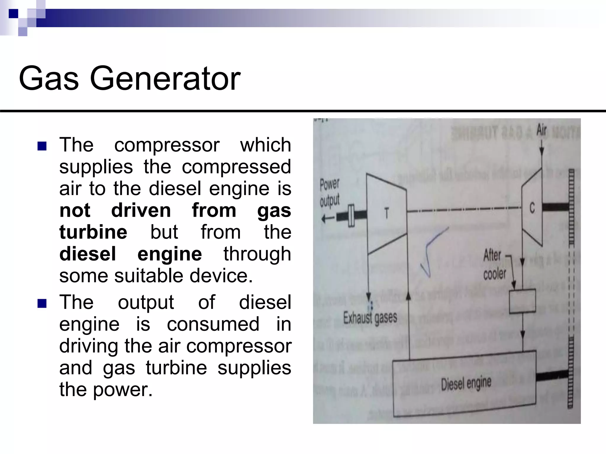Gas Generator
 The compressor which
supplies the compressed
air to the diesel engine is
not driven from gas
turbine but from the
diesel engine through
some suitable device.
 The output of diesel
engine is consumed in
driving the air compressor
and gas turbine supplies
the power.
 
