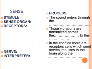 SENSE:
 STIMULI:
 SENSE ORGAN:
 RECEPTORS:
 NERVE:
 INTERPRETER:
 PROCESS:
 The sound enters through
the
……………………………..
 Those vibrations are
transmitted across
the………………… to the
……………….
 In the cochlea there are
receptors cells which send
nerves impulses to the
brain along the
………………………….
 