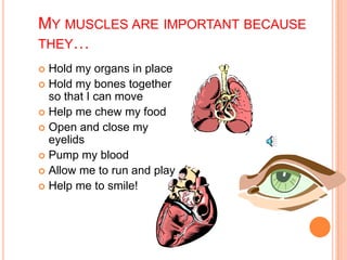 MY MUSCLES ARE IMPORTANT BECAUSE
THEY…
 Hold my organs in place
 Hold my bones together
so that I can move
 Help me chew my food
 Open and close my
eyelids
 Pump my blood
 Allow me to run and play
 Help me to smile!
 
