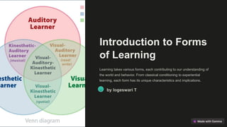 Introduction to Forms
of Learning
Learning takes various forms, each contributing to our understanding of
the world and behavior. From classical conditioning to experiential
learning, each form has its unique characteristics and implications.
lT by logeswari T
 