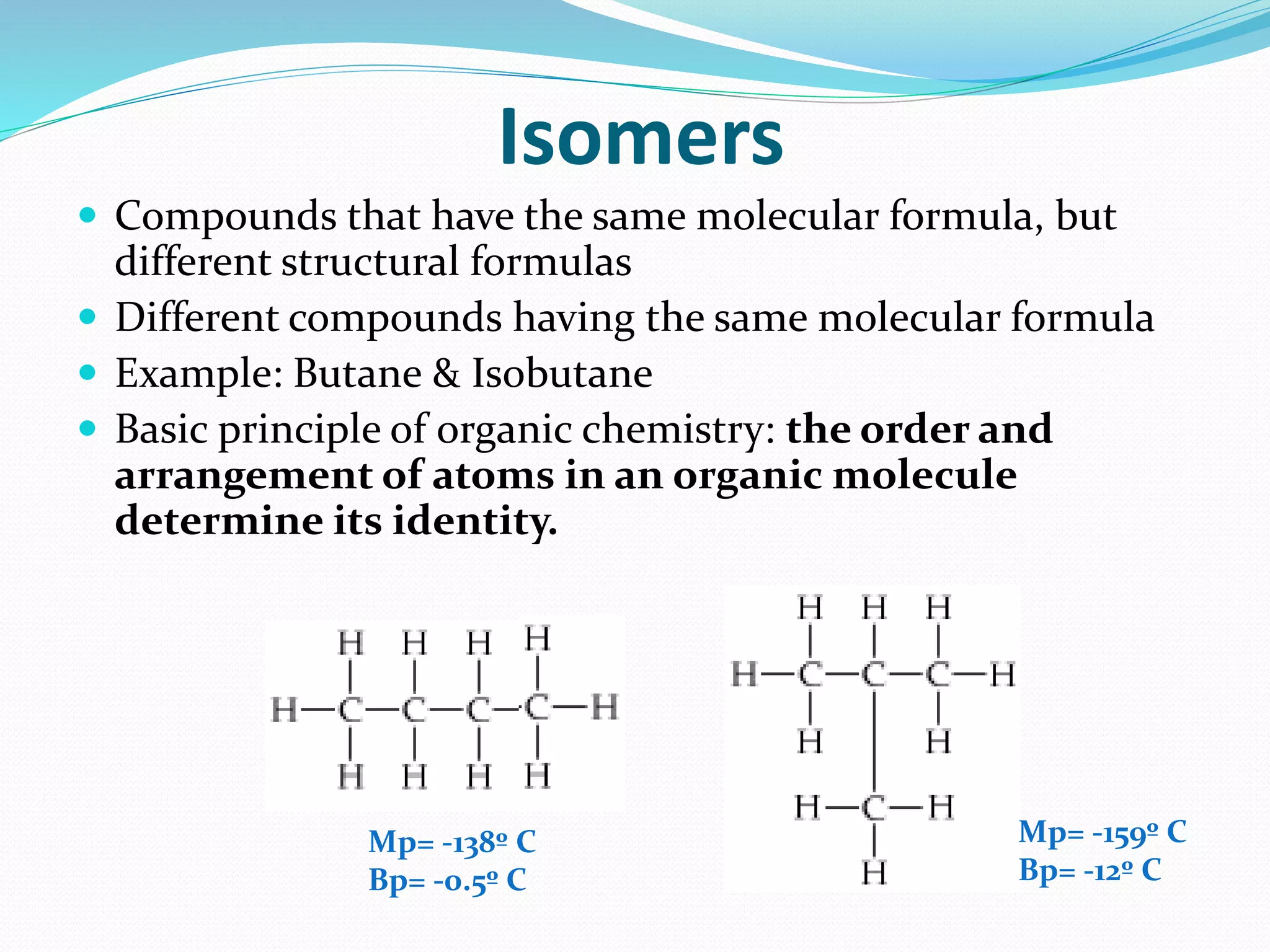 Isomers 
 Compounds that have the same molecular formula, but 
different structural formulas 
 Different compounds having the same molecular formula 
 Example: Butane & Isobutane 
 Basic principle of organic chemistry: the order and 
arrangement of atoms in an organic molecule 
determine its identity. 
Mp= -138º C 
Bp= -0.5º C 
Mp= -159º C 
Bp= -12º C 
 