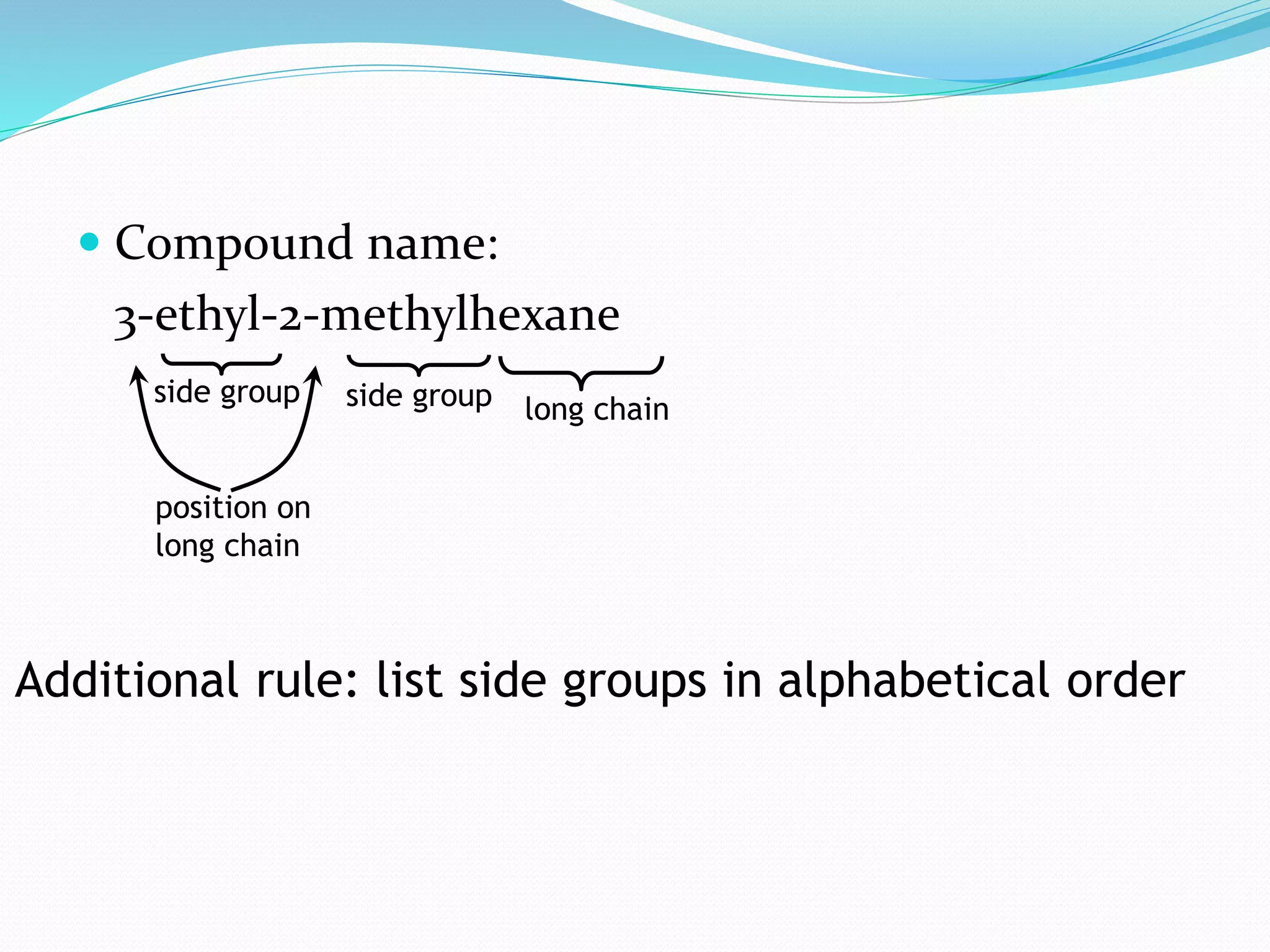  Compound name: 
3-ethyl-2-methylhexane 
long chain 
side group side group 
position on 
long chain 
Additional rule: list side groups in alphabetical order 
 